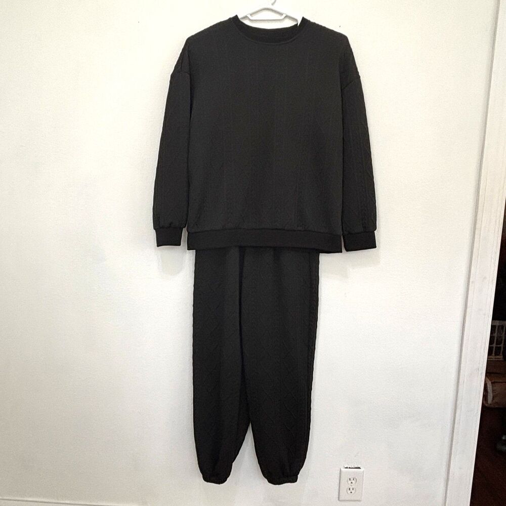 Womens Casual Cable Knit 2 Piece Lounge Set 4XL Black Sweatshirt Joggers Capsule